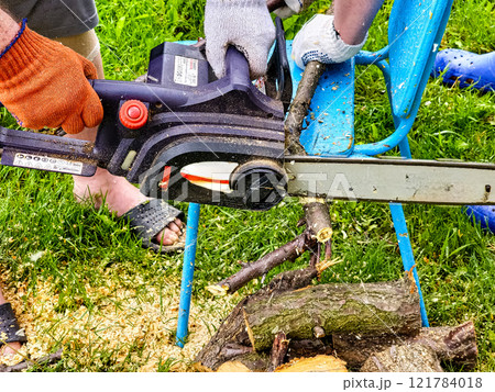 A man cuts down a tree with an electric saw. Sawdust flies in all directions from the chainsaw. Cutting wood with a chain saw 121784018