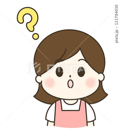 はてなと疑問を持つエプロンの女性の上半身のゆるかわイラスト 121784030