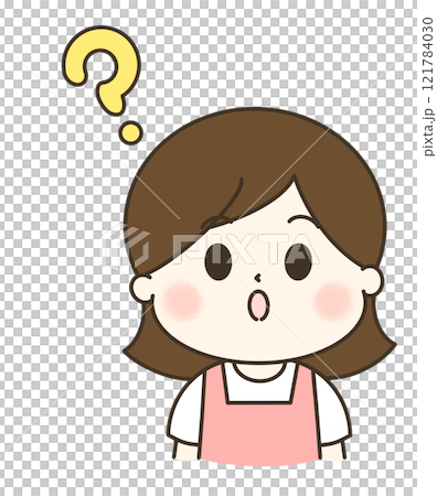 はてなと疑問を持つエプロンの女性の上半身のゆるかわイラスト 121784030