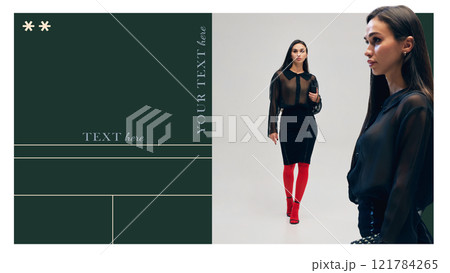 Confident woman wearing sheer black blouse, pencil skirt, and bold red tights, showcasing contemporary fashion-forward look. Confident woman wearing sheer black blouse, pencil skirt, and bold red tights, showcasing contemporary fashion-forward look. 121784265