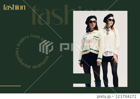 Two fashionable women wearing knit cardigans and berets, standing confidently in chic modern setting. Contemporary fashion trends. 121784272