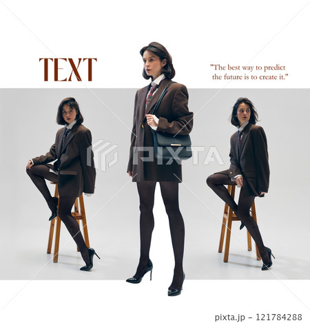 The same female model in brown oversized jacket, heels and tights, captured in three poses on a minimalist background with text elements The same female model in brown oversized jacket, heels and tights, captured in three poses on a minimalist background with text elements 121784288