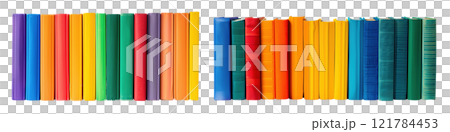 Set of isolated mockup book spines with blank cover on a transparent background in classic old style, colorful vibrant colors, side view. 121784453