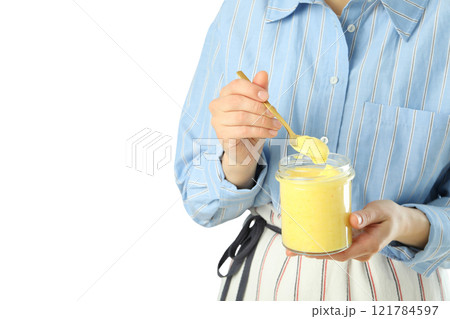 PNG, Lemon curd, lemon with cream in a glass, transparent jar, isolated on a white background. 121784597