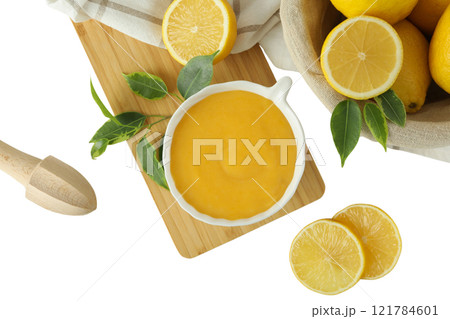 PNG, Lemon curd, cream in ceramic white bowl, isolated on white background. 121784601