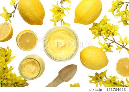 PNG, Lemon curd, lemon with cream in a glass, transparent jar, isolated on a white background. 121784628