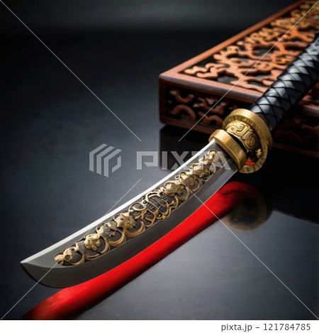 Ornate katana sword with intricate details on a dark surface.  121784785
