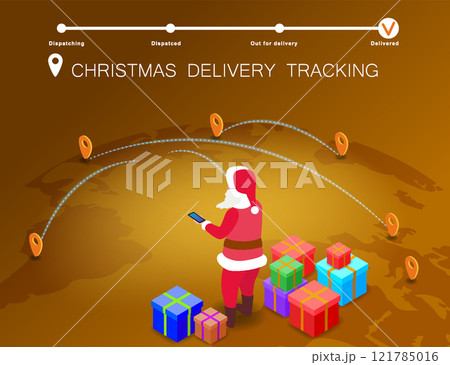 Template Christmas delivery, Santa Claus tracking gift box on global Earth map Template Christmas delivery, Santa Claus tracking gift box on global Earth map 121785016