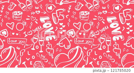 Romantic print with white silhouette of love elements on pink background Romantic print with white silhouette of love elements on pink background 121785020
