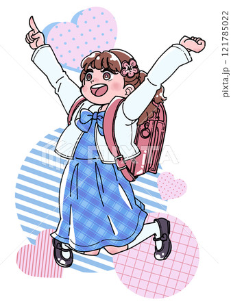 ランドセルを背負った笑顔の女の子イラストのイラスト素材 [121785022