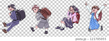 Illustration set of smiling elementary school students carrying school bags 121785055