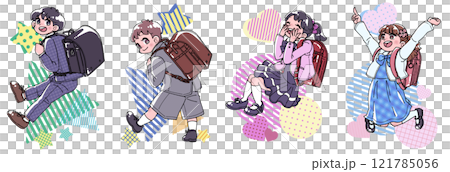 Illustration set of smiling elementary school students carrying school bags 121785056
