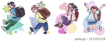 ランドセルを背負った笑顔の小学生のイラストセット 121785139