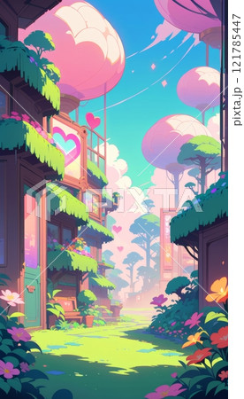 a surreal and idyllic fantasy anime videogame style landscape with trees grass and hearts to symbolize love and valentine in a natural environment 121785447