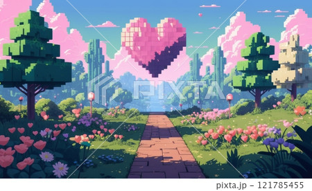 a surreal and idyllic fantasy anime videogame style landscape with trees grass and hearts to symbolize love and valentine in a natural environment 121785455