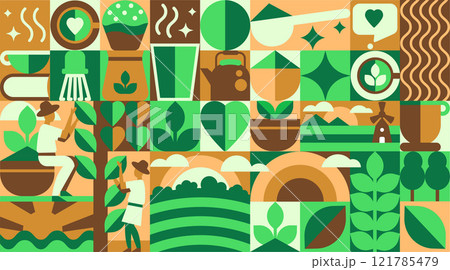 Matcha and Green Tea Pattern with minimalist icons, symbols, and forms. A Geometric Bauhaus Journey from Field to Cup in Abstract Vector Illustration 121785479