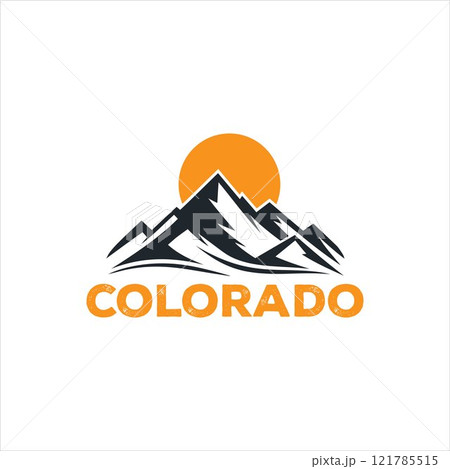 Colorado mountain logo with sunset. This graphic design showcases a vintage-inspired sunset over a majestic mountain range, perfect for apparel, merchandise, or promotional material Colorado mountain logo with sunset. This graphic design showcases a vintage-inspired sunset over a majestic mountain range, perfect for apparel, merchandise, or promotional material 121785515