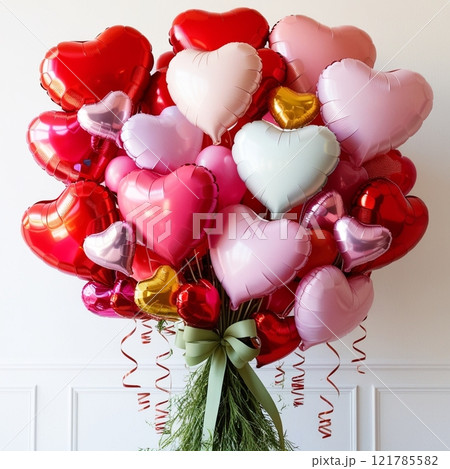 Heart-shaped balloons in assorted colors tied with a green ribbon.  121785582