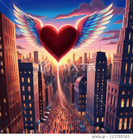 Floating heart with wings above cityscape during sunset. Floating heart with wings above cityscape during sunset. 121785583