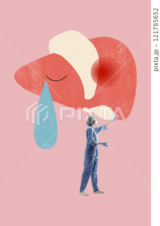 Stylized liver with teardrop and miniature medical worker symbolizing liver health challenges and treatment. Conceptual design. 121785652
