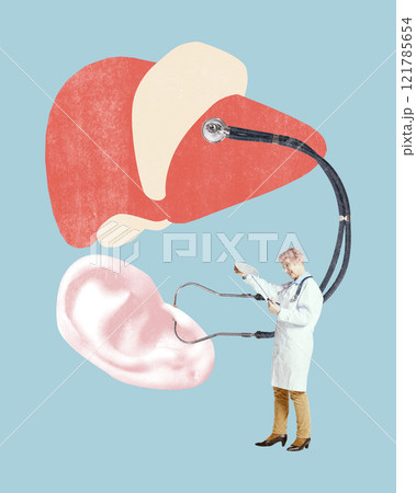 Creative medical art with stethoscope connecting liver and ear illustration, showcasing liver diagnostics. Conceptual design. 121785654