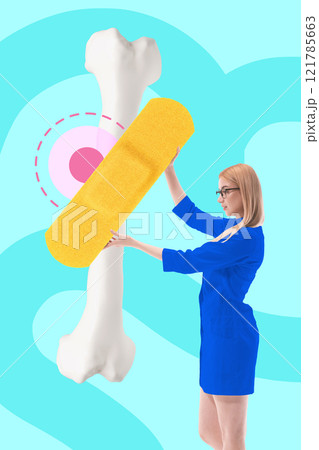 Healthcare professional applies large yellow plaster to white bone model, emphasizing healing and orthopedic care. Conceptual design. 121785663