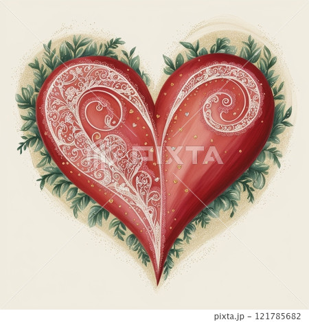 Intricate red heart with white lace details surrounded by green leaves.  121785682