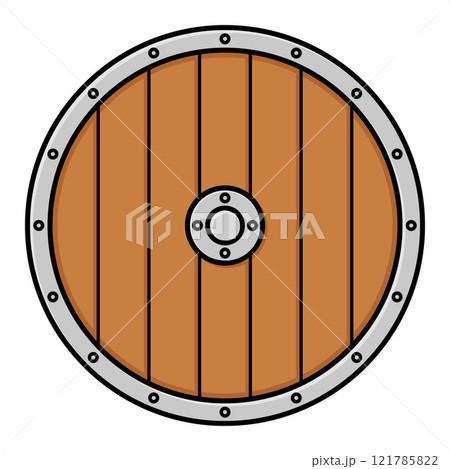 wooden round shield, cartoon color vector cartoon illustration, isolated on white wooden round shield, cartoon color vector cartoon illustration, isolated on white 121785822