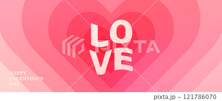 Heart vector background for Valentines day. Love pattern with overlay gradient hearts. Geometric romance minimal banner. Modern romantic abstract art in pink, light red color. Love word typography 121786070
