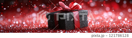 Black gift box floating on red glitter with falling confetti 121786128