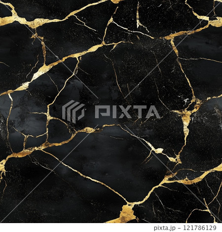 Golden cracks repairing black marble surface, showing resilience and beauty. Seamless black and golde marble pattern 121786129