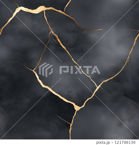 Golden cracks repairing black marble surface, showing resilience and beauty. Seamless black and golde marble pattern Golden cracks repairing black marble surface, showing resilience and beauty. Seamless black and golde marble pattern 121786130