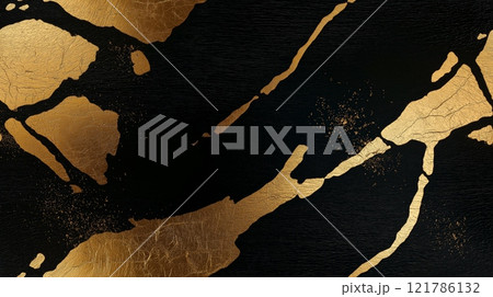Golden cracks repairing black marble surface, showing resilience and beauty. Seamless black and golde marble pattern 121786132