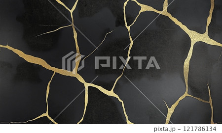 Golden cracks repairing black marble surface, showing resilience and beauty. Seamless black and golde marble pattern 121786134