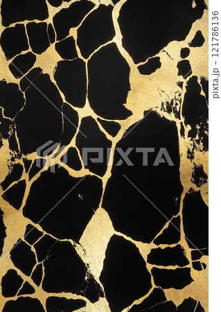 Golden cracks repairing black marble surface, showing resilience and beauty. Seamless black and golde marble pattern 121786136