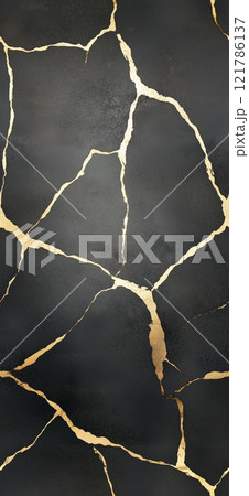 Golden cracks repairing black marble surface, showing resilience and beauty. Seamless black and golde marble pattern 121786137