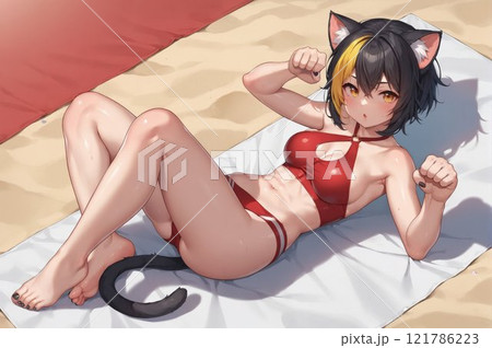 A girl with animal ears is having fun on the beach. 121786223