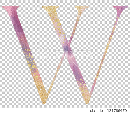 Light pink watercolor letter W with golden splashes, romantic wedding isolated monogram initials 121786470