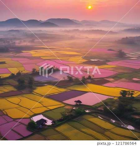 朝霧に包まれた田園 朝霧に包まれた田園 121786564