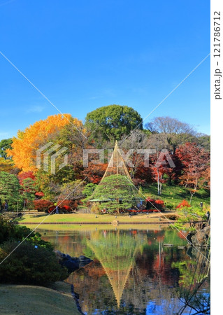 【東京都】快晴のシンメトリーな六義園の紅葉 121786712