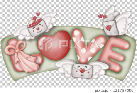 Handwritten note with the words "Love" and a red heart symbol and envelope love on sign green wooden   background 121787006