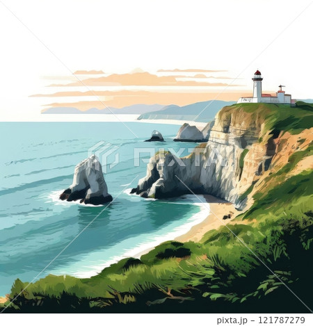 the AI Image Generator, Illustrated Coastal Scene Featuring Mountains, 121787279