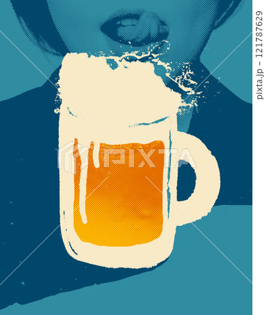 Creative pop art illustration. Beer mug with foam and cropped female face with tongue sticking out against blue background. 121787629