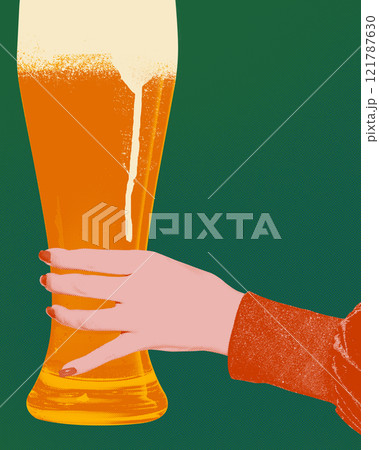 Pop art colorful design. Hand with red nails holding glass of beer with foam spilling over against green background. Pop art colorful design. Hand with red nails holding glass of beer with foam spilling over against green background. 121787630