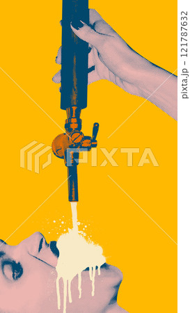 Artistic pop art collage. Beer tap handle, pouring stream of foamy beer into female mouth against bright yellow background. 121787632