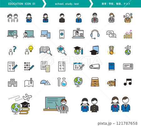 教育のアイコンセット。学校や勉強、テストに関するベクターイラスト。シンプルなデザイン。 教育のアイコンセット。学校や勉強、テストに関するベクターイラスト。シンプルなデザイン。 121787658