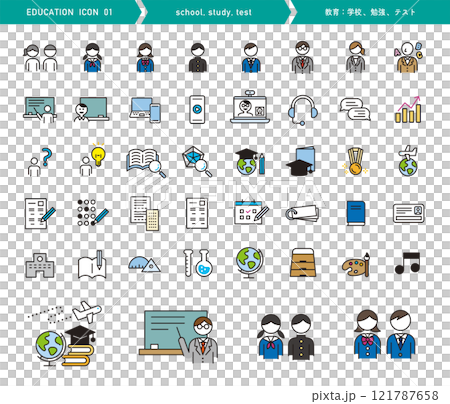 教育圖標集。關於學校、學習和測驗的向量圖。簡單的設計。 121787658