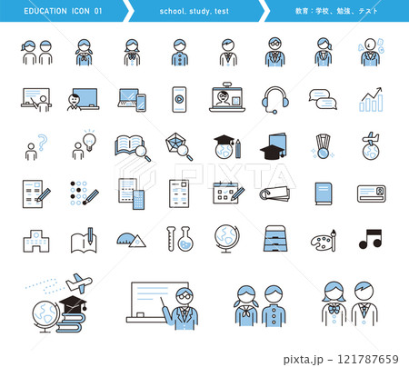 教育のアイコンセット。学校や勉強、テストに関するベクターイラスト。シンプルなデザイン。 121787659