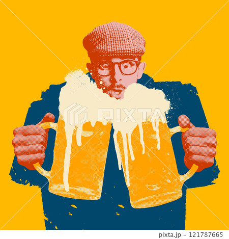 Poop art style illustration. Man holding two overflowing beer mugs, featuring bold colors and halftone textures on a bright yellow background 121787665