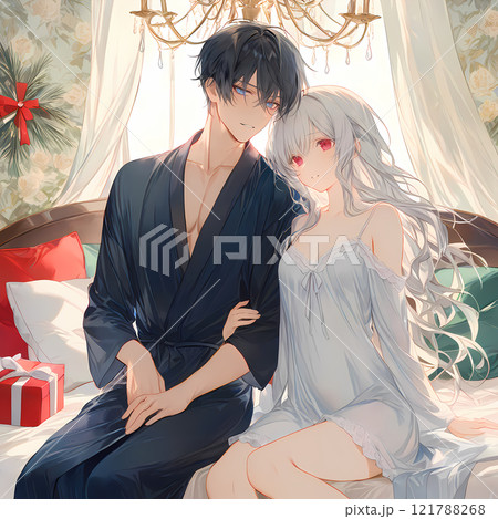 ベッドで戯れる若い男女。アルビノの少女と碧眼の青年のクリスマス。アニメ風のAIイラスト 121788268